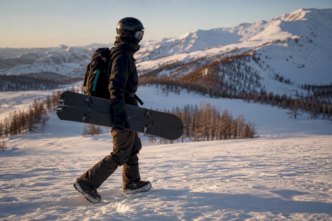 Splitboarder walking through snowy mountain terrain while carrying a splitboard