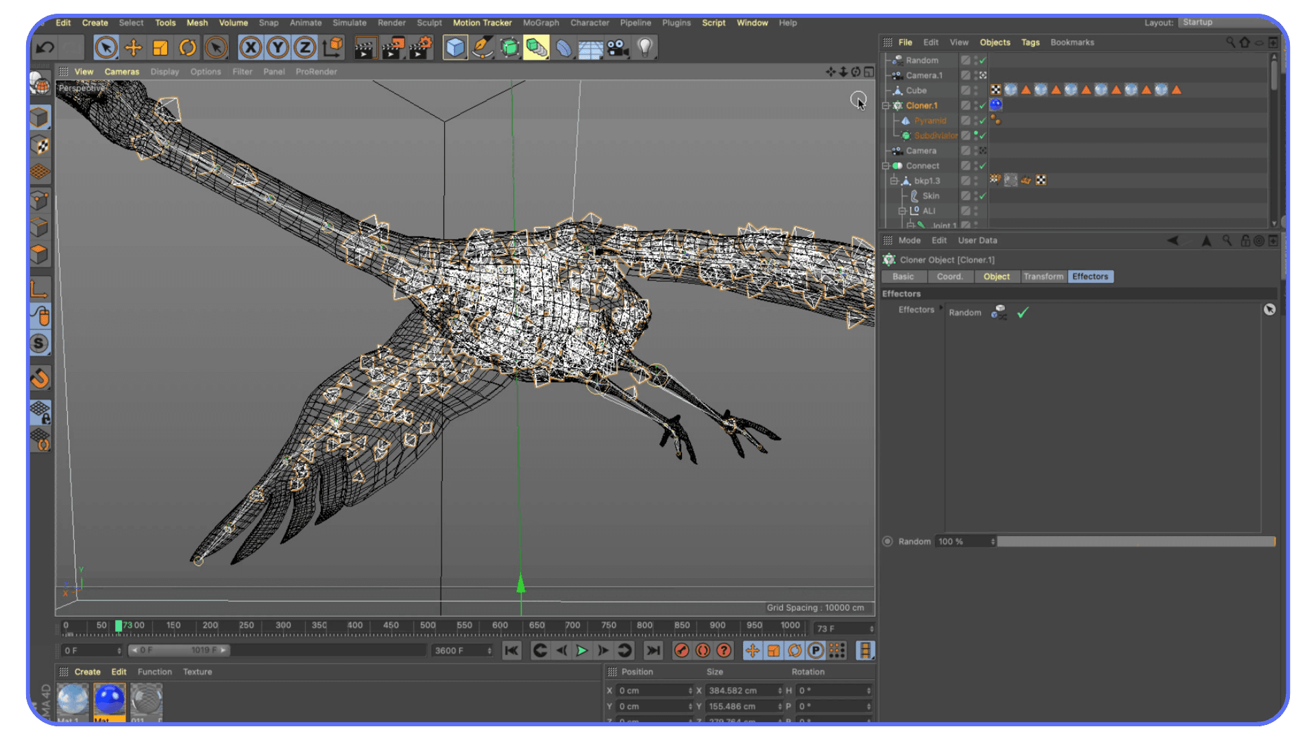 Cinema 4D scene with a detailed bird mesh using MoGraph cloners and random effectors