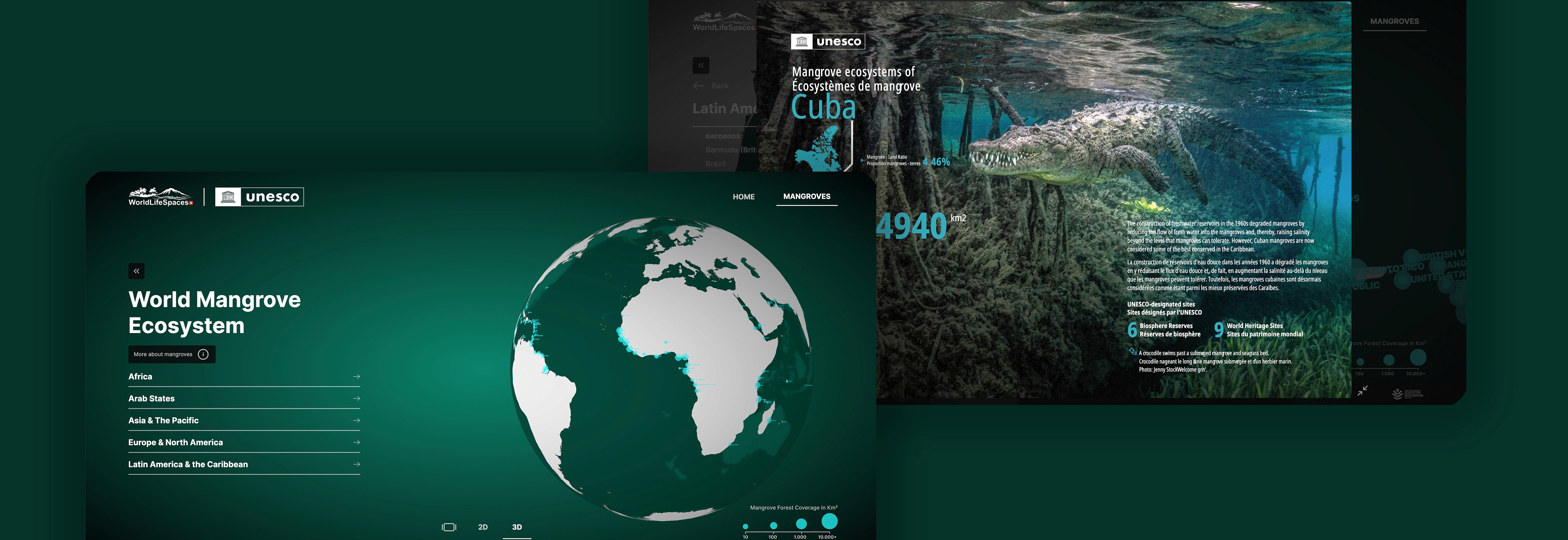 Two screens of the ‘World Mangrove Ecosystems’ website: one showing an overview with a globe, the other showing a detail page about mangroves in Cuba.