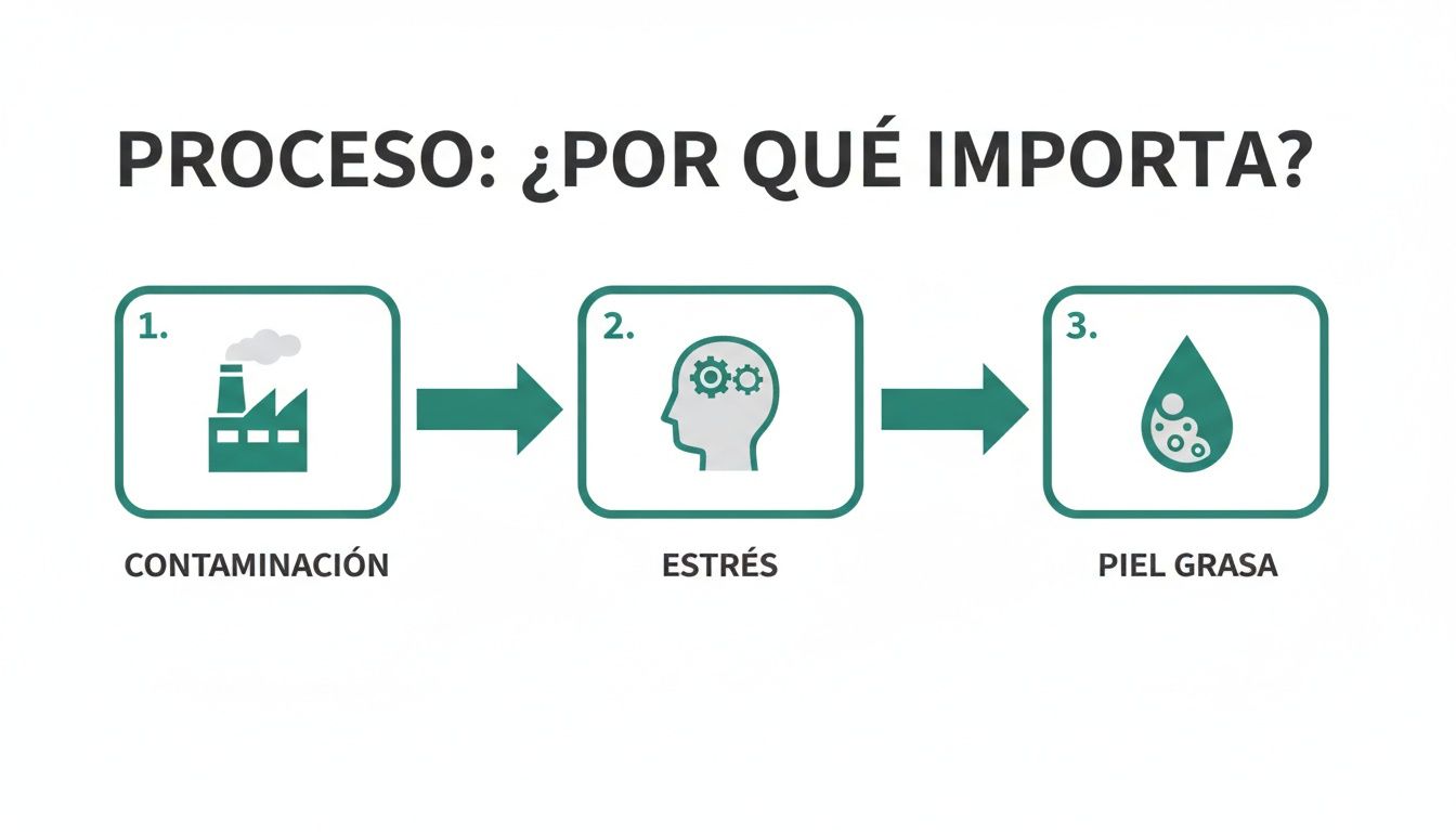 Diagrama de flujo que ilustra cómo la contaminación ambiental y el estrés contribuyen a la piel grasa.