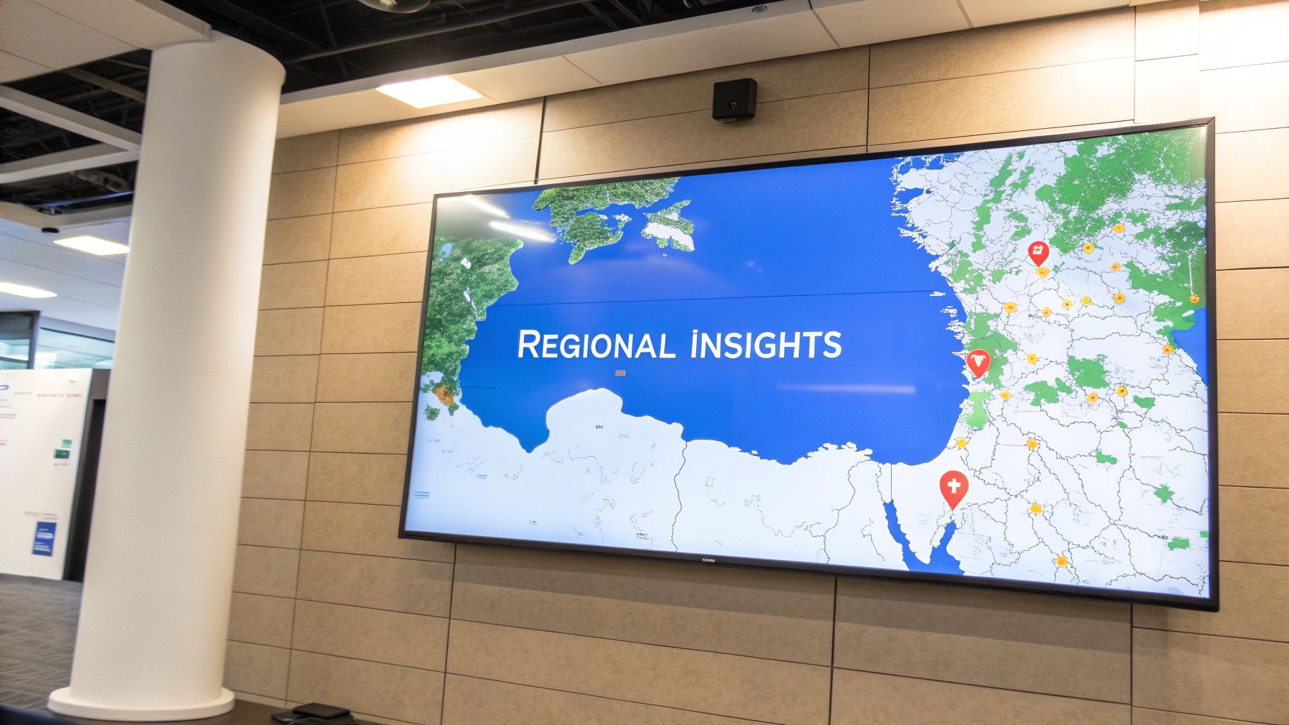 Large screen displaying a map titled 'Regional Insights' with various marked locations and data points.