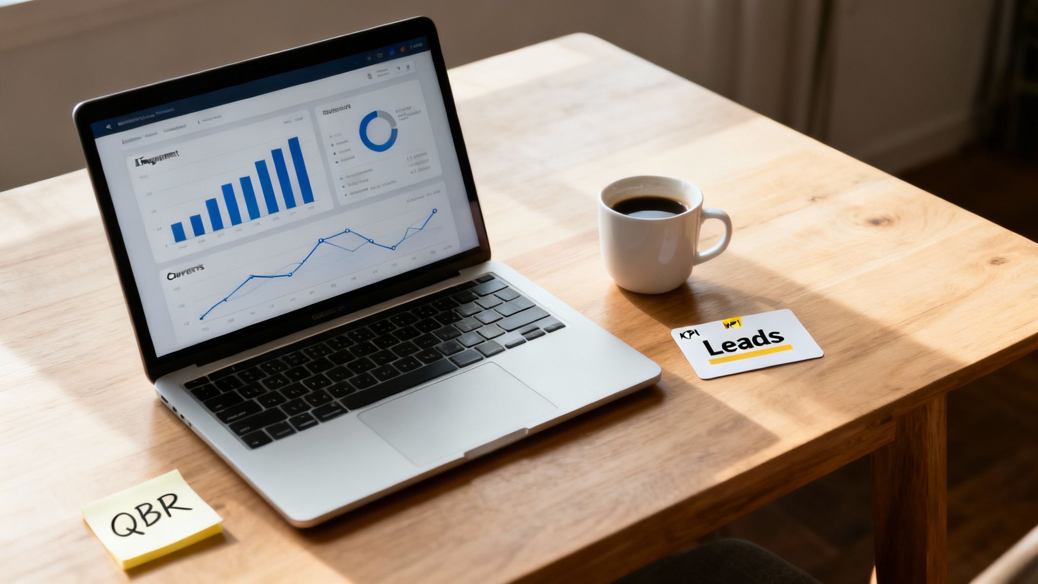 Laptop on a wooden desk displays business graphs, with coffee, 'QBR' sticky note, and 'KPI Leads' card.