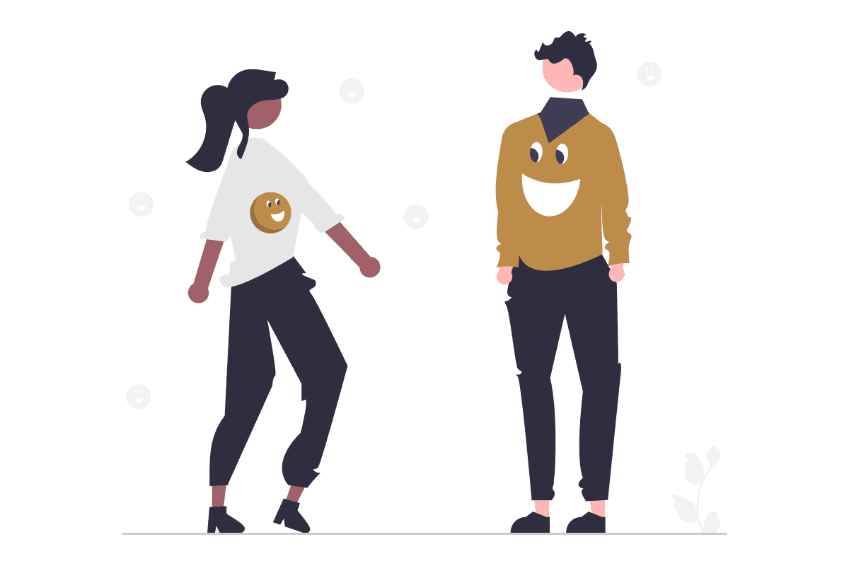 Zwei Menschen in fröhlicher Interaktion mit Smiley-Symbolen auf ihrer Kleidung - symbolisiert aktive Teilnahme und positive Zusammenarbeit