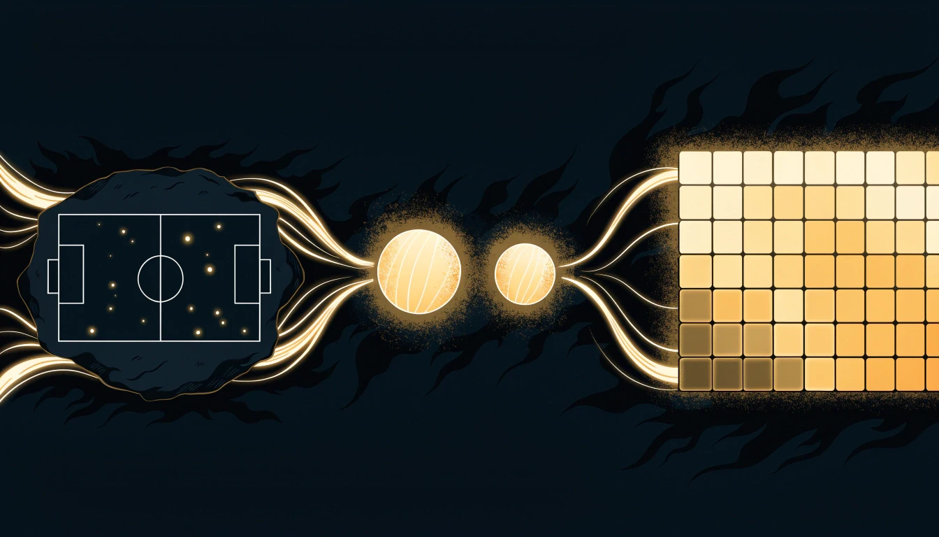Illustration of a three-step flow in gold on black: a football pitch with shot dots, two glowing spheres for each side's expected goals, and a grid of shaded squares for scoreline chances