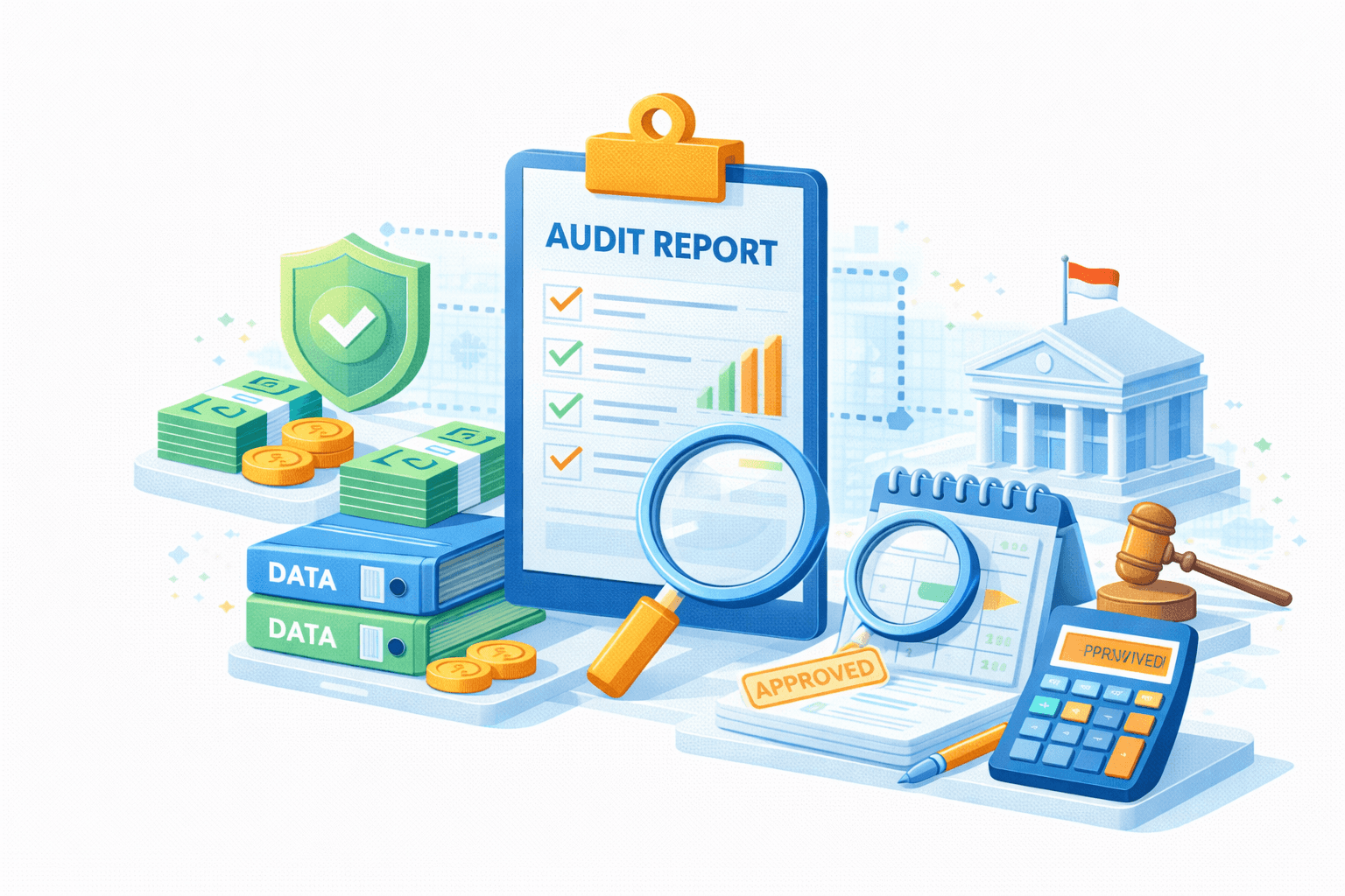 Ilustrasi audit keuangan & kepatuhan regulasi. Di tengah terdapat clipboard “AUDIT REPORT” dengan checklist bertanda centang dan grafik ringkas. Di depan ada kaca pembesar (review/audit). Di kiri terlihat tumpukan data berlabel DATA, uang/koin, dan perisai hijau bertanda centang (keamanan & compliance). Di kanan terdapat kalender dengan stempel “APPROVED”, kalkulator, palu hakim, serta gedung institusi/regulator dengan bendera. Visual menggambarkan proses audit, validasi data, persetujuan, dan kepatuhan keuangan end‑to‑end.