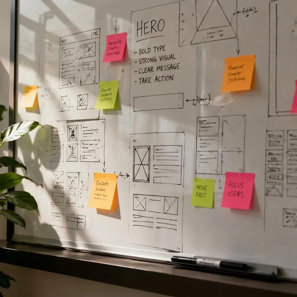 Creative planning board filled with wireframes, content structure, and strategic workshop notes for website development.