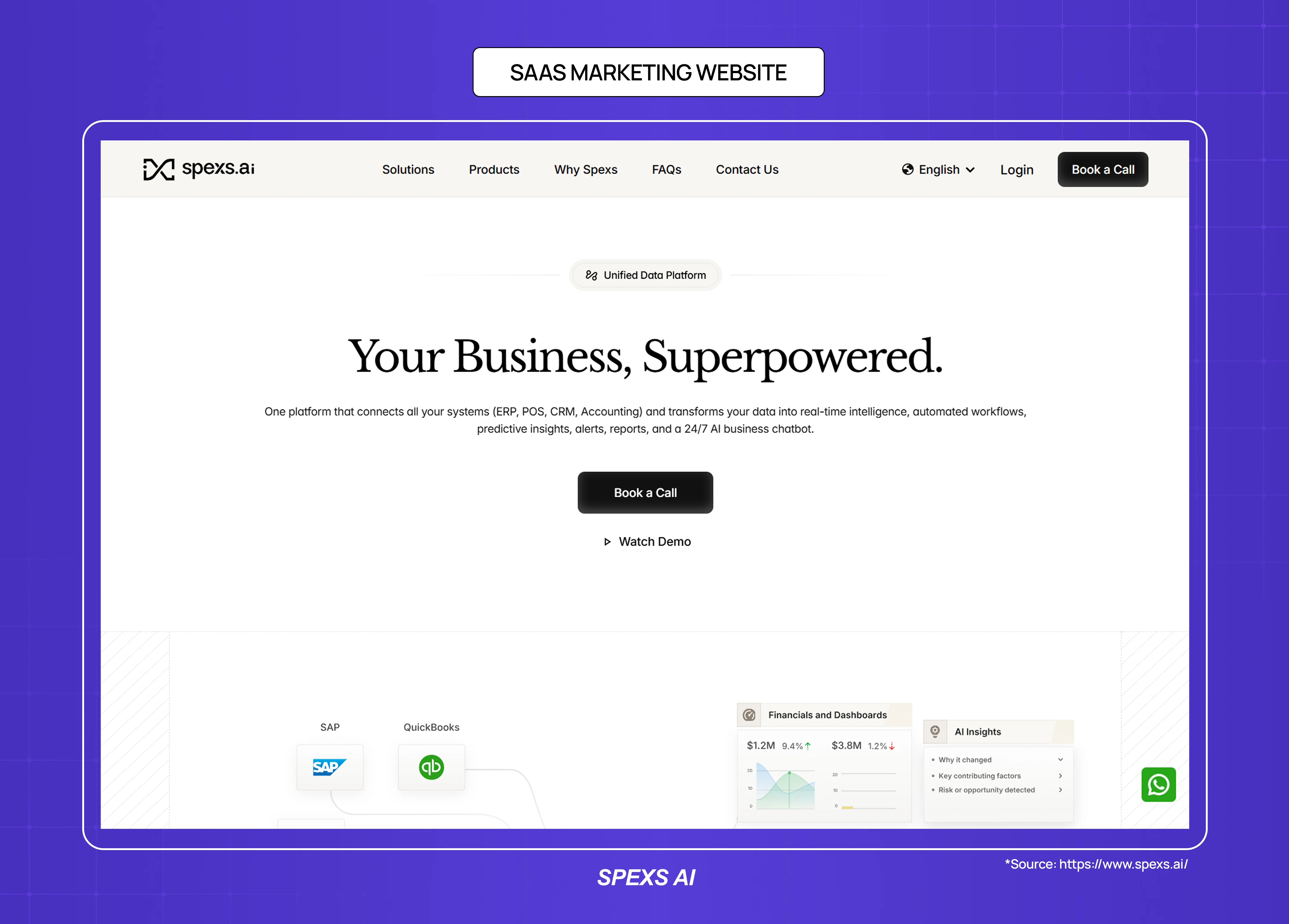 Spexs AI SaaS marketing website with enterprise-focused messaging, minimal layout, and CTA-driven product positioning.