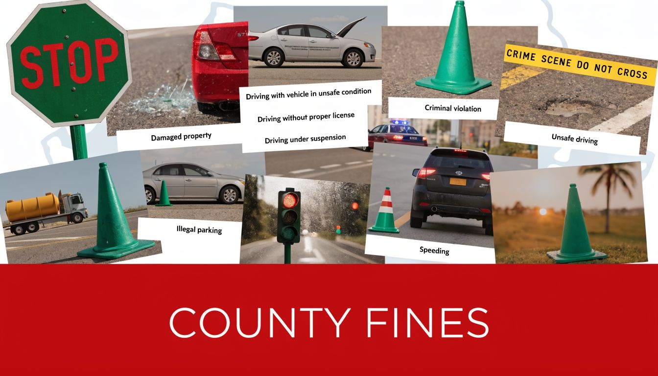 A collage showing various traffic violations, including accidents, improper parking, and police activity related to county fines.