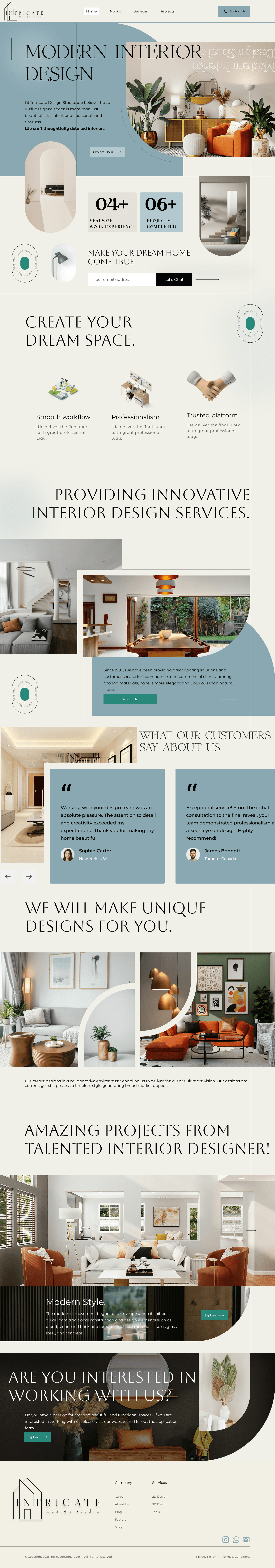 This landing page is a modern, elegant, and conversion-focused design for an interior design studio. It combines visual storytelling, service highlights, and social proof to engage visitors and encourage them to book a consultation.