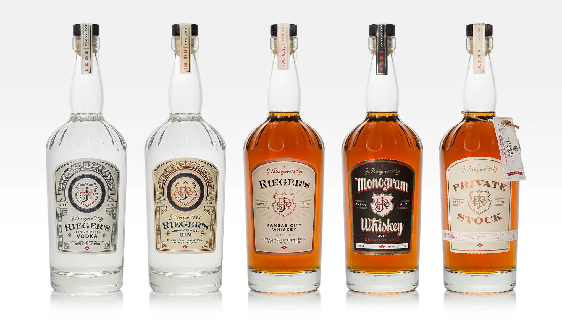 WTADS client J. Reiger and Co whiskey bottle label designs.