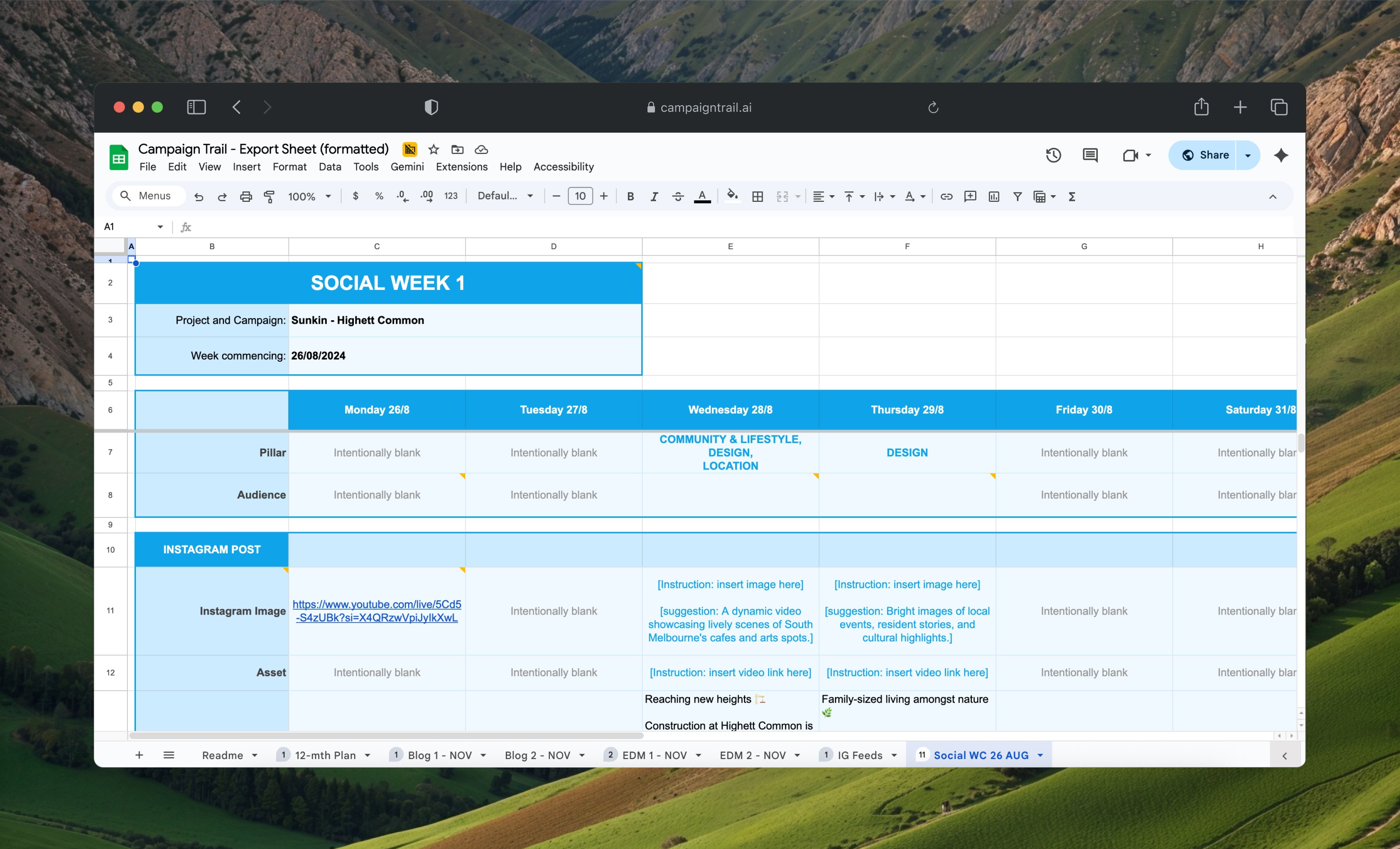 A screenshot of a social media calendar within a spreadsheet