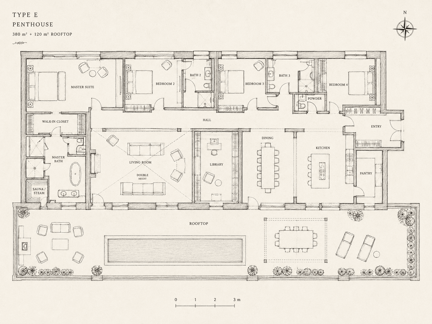 Architectural floor plan of the Penthouse (TYPE E) at Palácio Aurora — 380 m² top-floor residence with master suite, three additional bedrooms, library, grand living room with double-height ceiling, dining area, kitchen with pantry, three bathrooms, and 120 m² private rooftop terrace with lap pool.