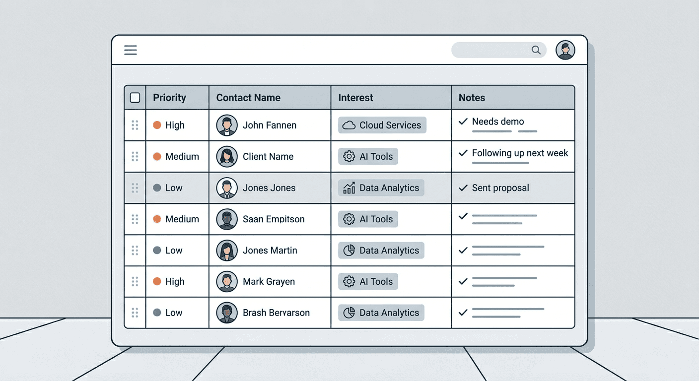 Vector illustration of an organized lead list with priorities and notes