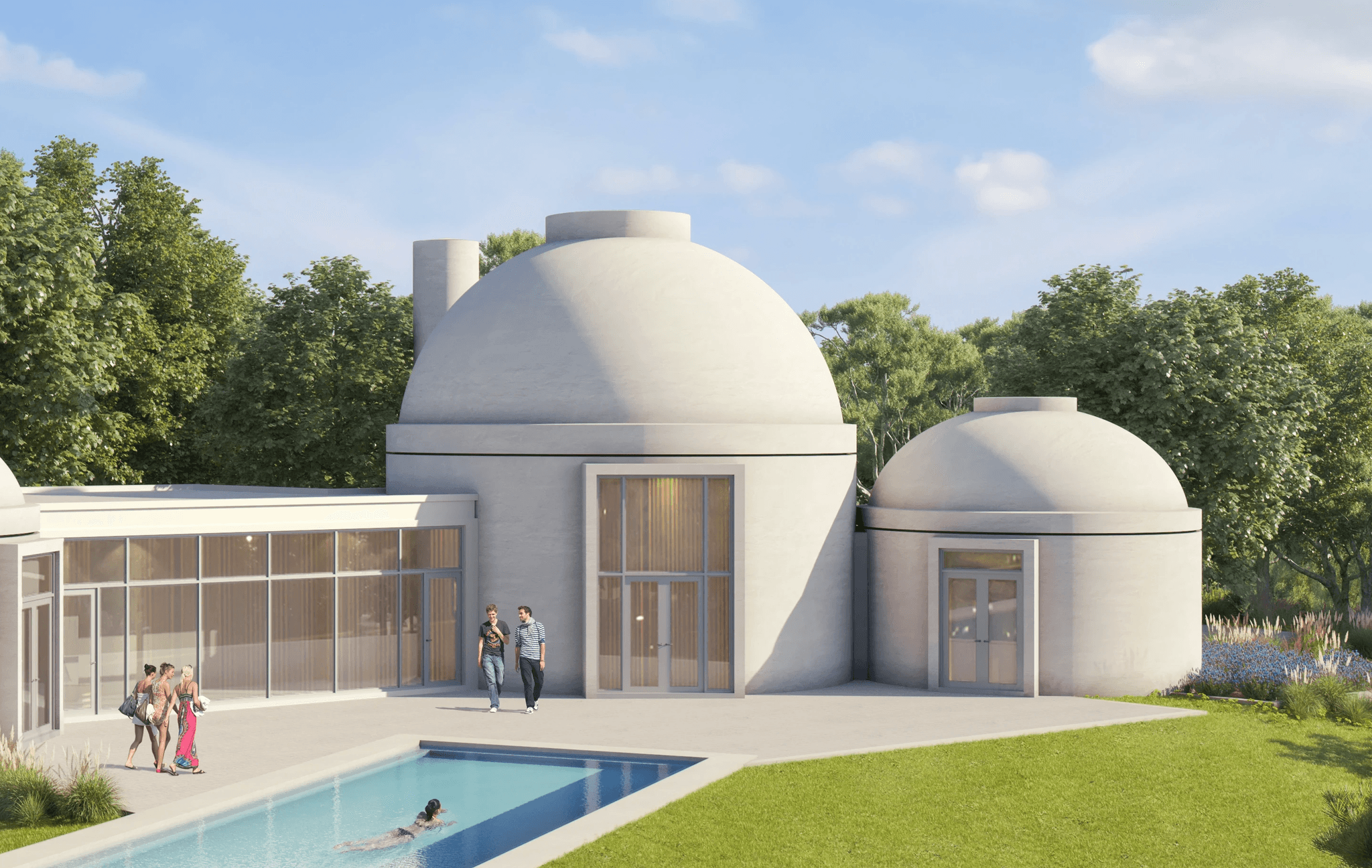 Pantheon House facade: View of the modern structure with classical inspiration, highlighting the large volumes of each circular canopy.