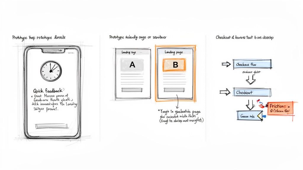 Hand-drawn sketches illustrating UX prototyping, A/B testing of landing pages, and identifying checkout flow frictions.