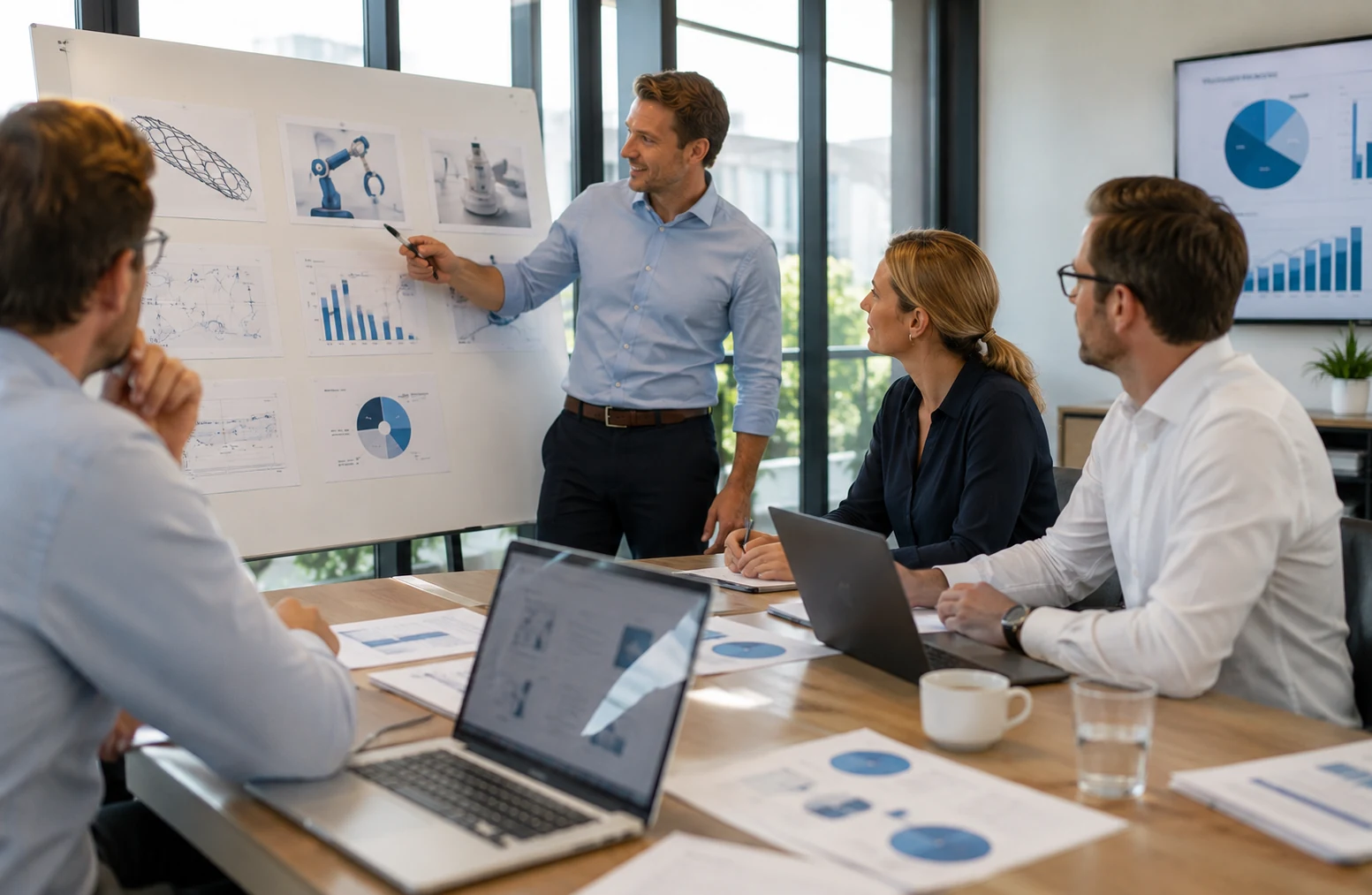Healthcare-Team analysiert MedTech-Investments im Meeting – Sub-Segmente und Bewertung 2026