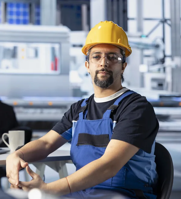 Plant engineer in a hard hat and overalls seated at a desk on the factory floor