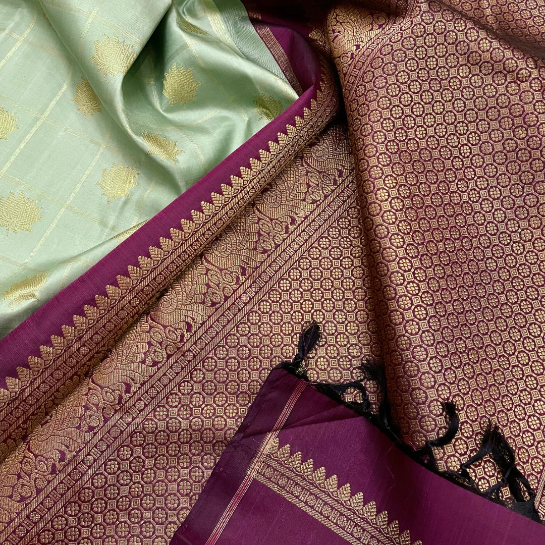 Mint Green and Dark Maroon Kanchivaram Silk Saree