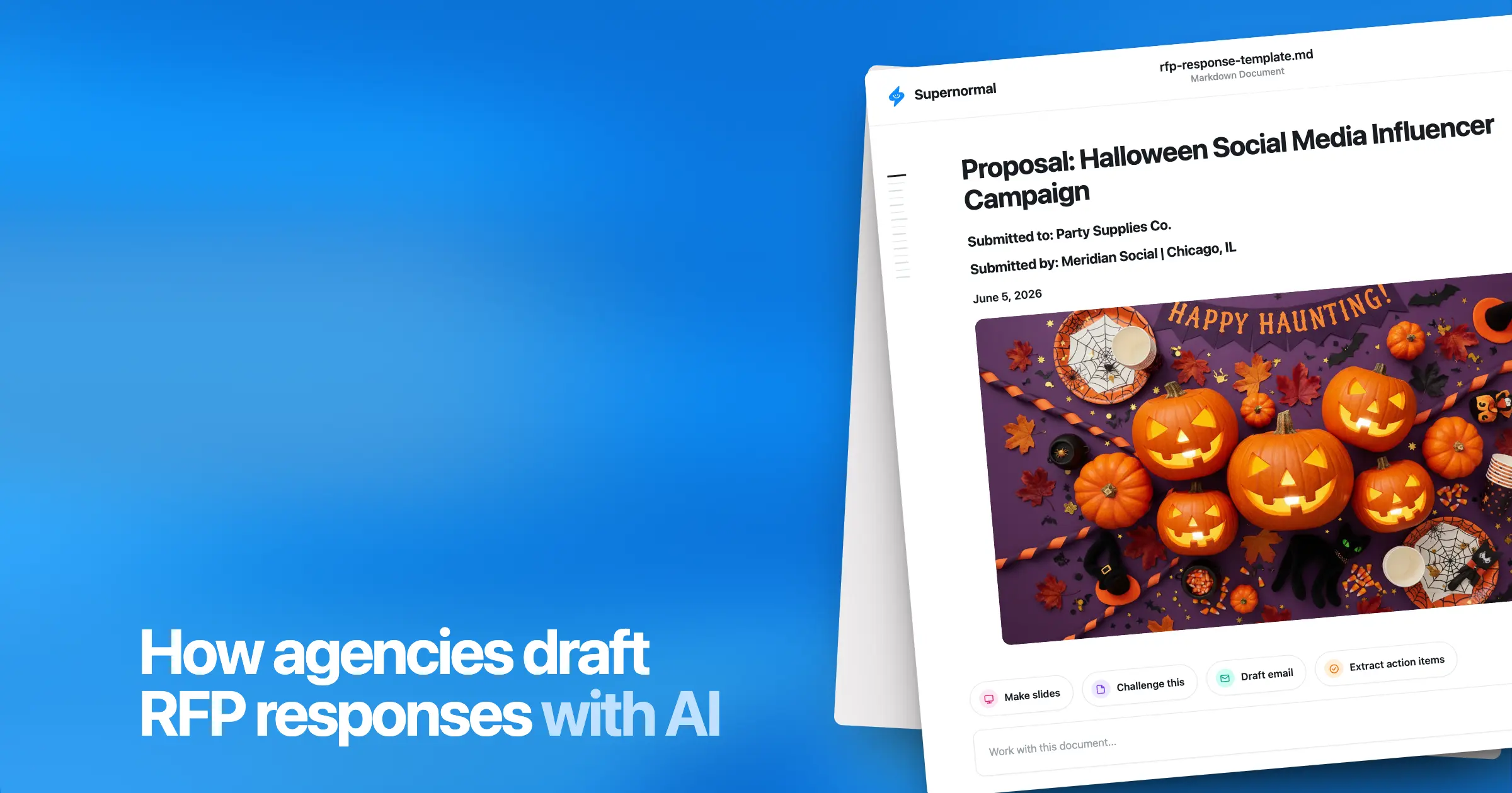 Blog banner for 'How agencies draft RFP responses with AI,' showing a Supernormal-drafted Halloween campaign proposal.