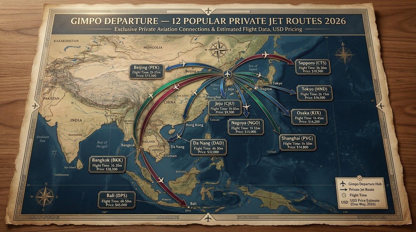 Gimpo Airport private jet departure routes, 12 most-flown destinations including Jeju, Tokyo, Osaka, Fukuoka, Da Nang, Bali with super-midsize pricing