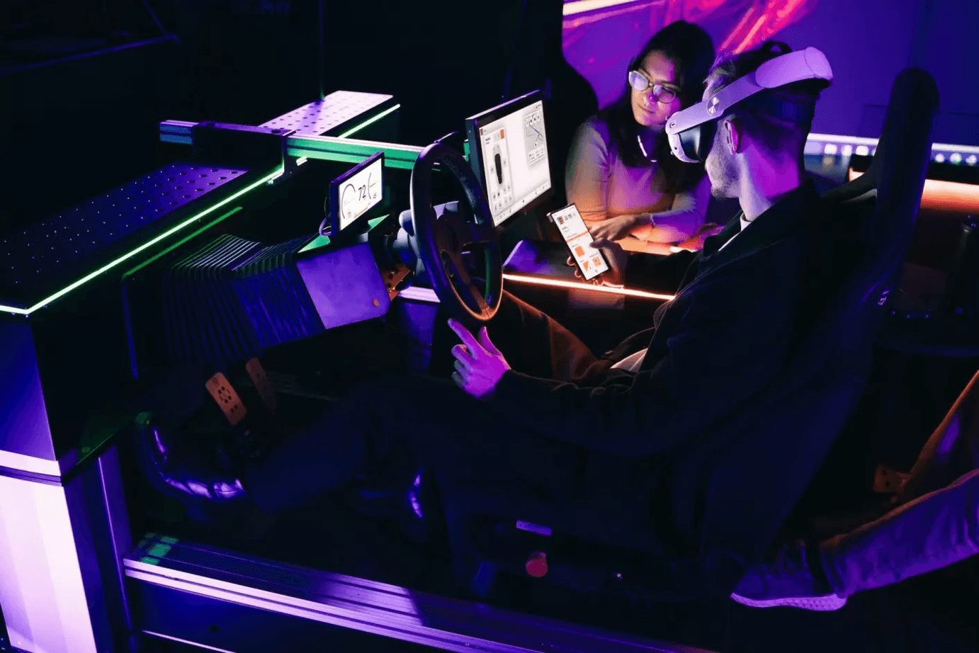 GRANSTUDIO, a multidisciplinary design studio in Turin, Italy, showcasing automotive design and UX design consultancy within a vibrant, high-tech mobility simulation environment.