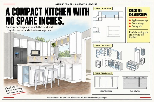 Compact kitchen with island seating, an L-shaped cabinet run and inset plans and interior views.