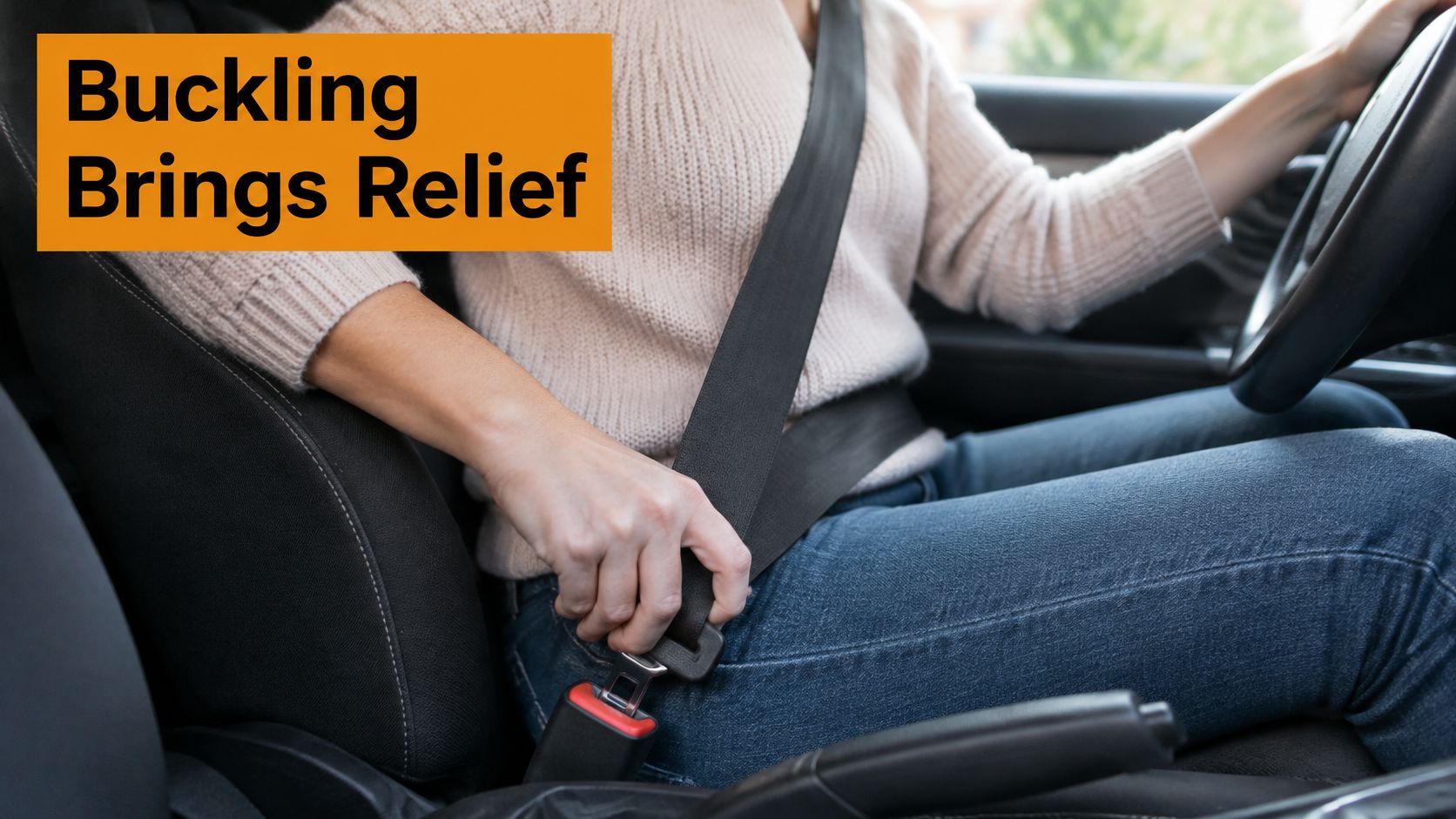 A person in a car wearing a seatbelt, highlighting the importance of safety and proper buckling techniques.