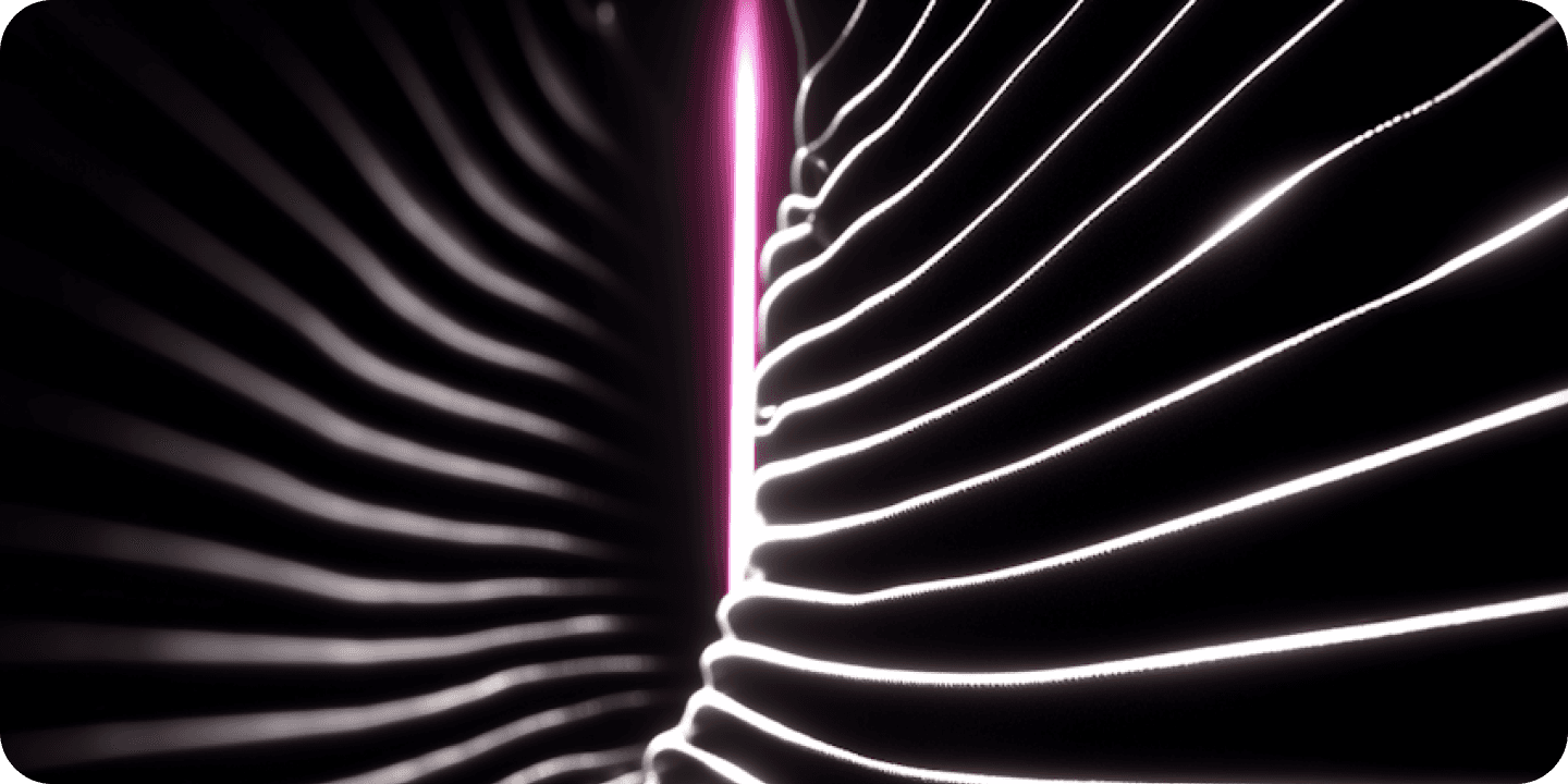 Abstract white wavy lines with a central neon pink glow on a black background