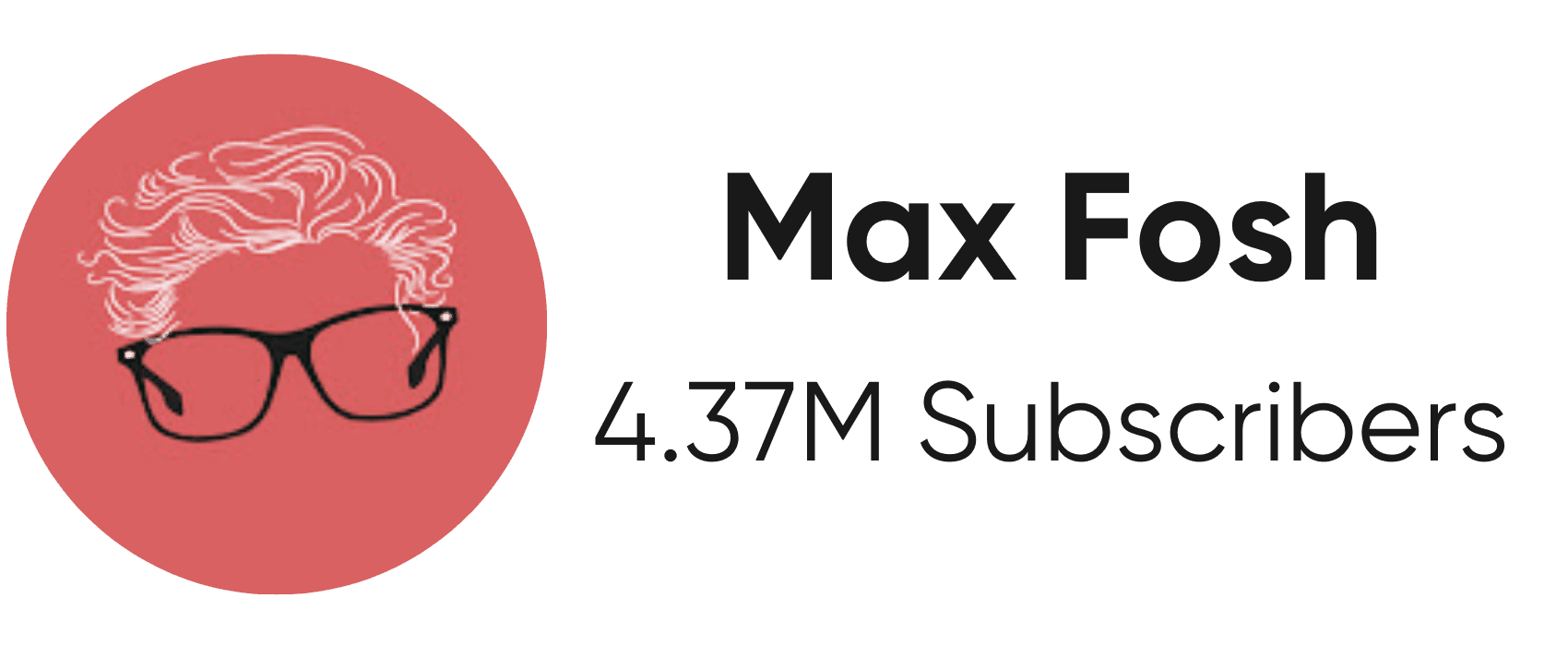 A close-up of the YouTube creator "Max Fosh." It shows a circular profile picture with a stylized illustration of a pair of black glasses and a head with curly white lines, representing hair, on a red background. To the right of the profile picture is the text "Max Fosh" and "4.37M Subscribers." The image has a light gray background.