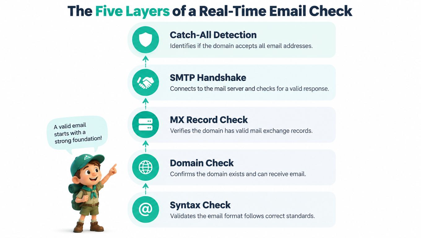An infographic showing the five layers of a real-time email validation process with a friendly scout character.