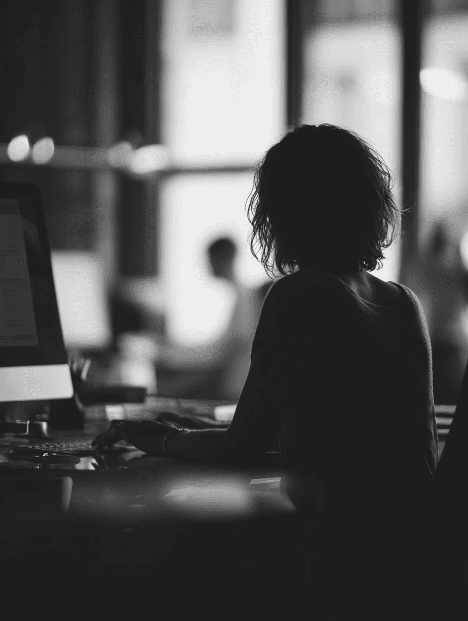 Black and white portrait of a smiling person with curly hair