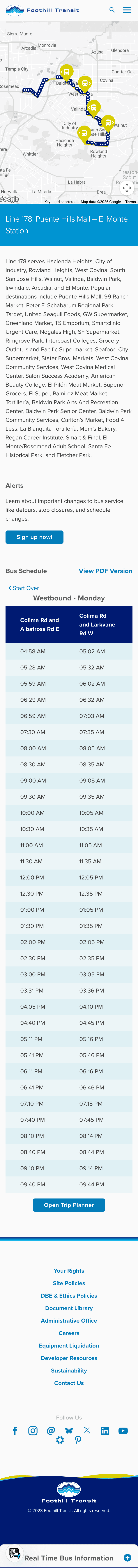 Foothill transit GPS map for a bus line