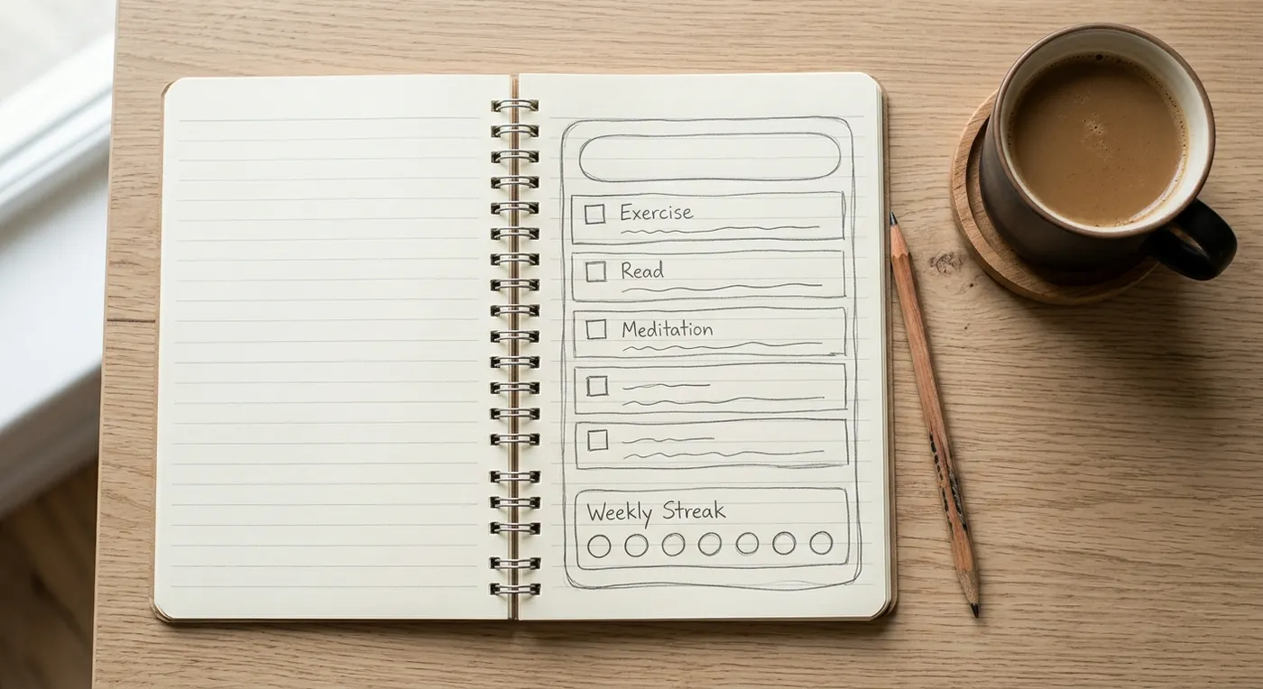 Notebook sketch of a first vibe coding project: a habit tracker with three features