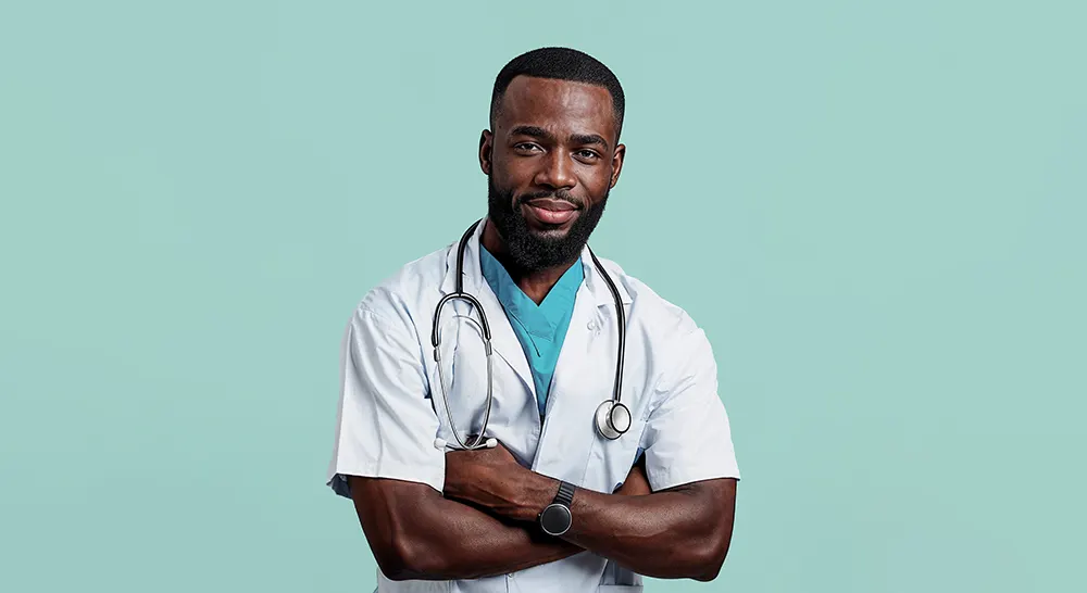 portrait of a doctor wearing a short sleeve white lab coat
