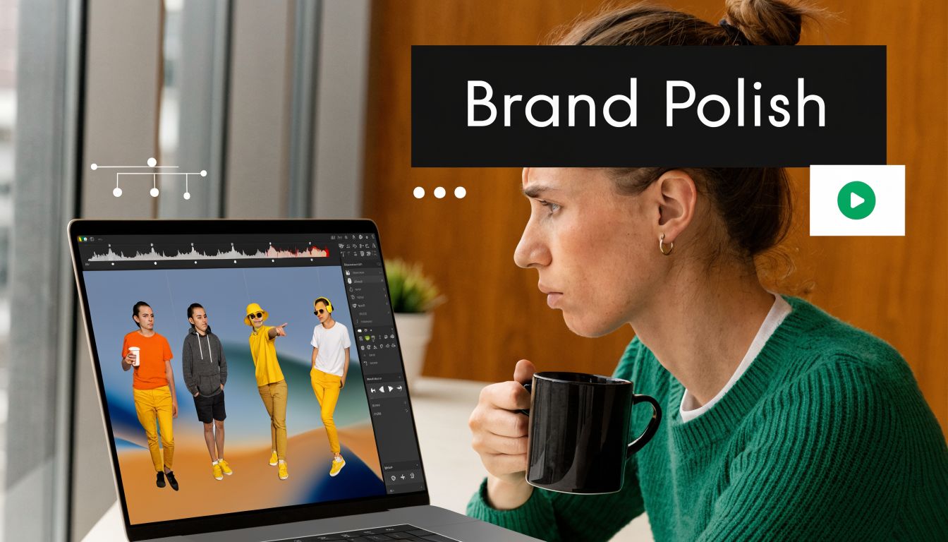 A creative professional editing video footage on a laptop while holding a black coffee mug nearby.