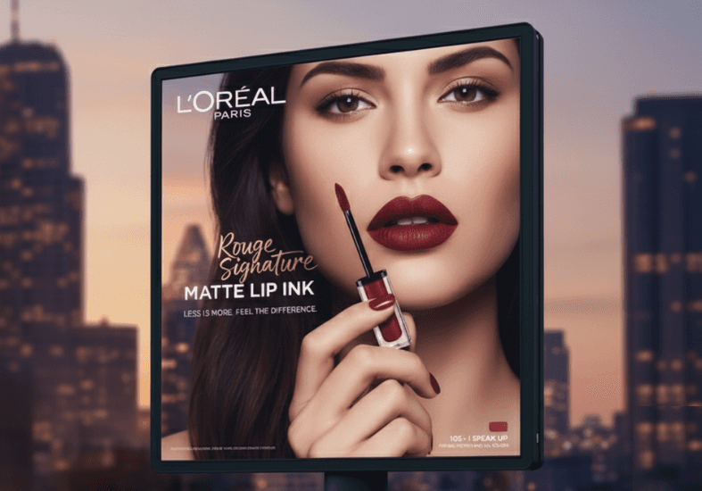 AI-generated cosmetic advertisement mockup for L'Oreal, showcasing AI in beauty product marketing.