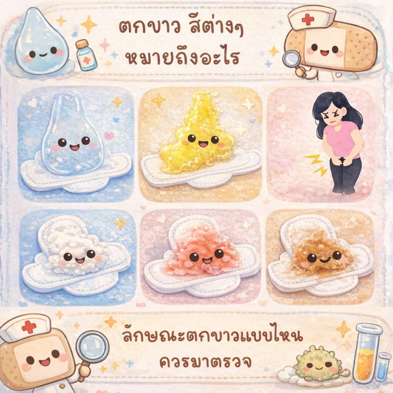 อินโฟกราฟิกอธิบายตกขาวสีต่างๆ เช่น สีใส สีเหลือง สีขาว สีชมพู และสีน้ำตาล พร้อมสัญญาณที่ควรพบแพทย์