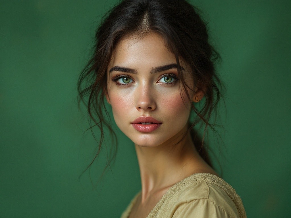 Close-up portrait of a young woman with green eyes and light brown hair styled up.