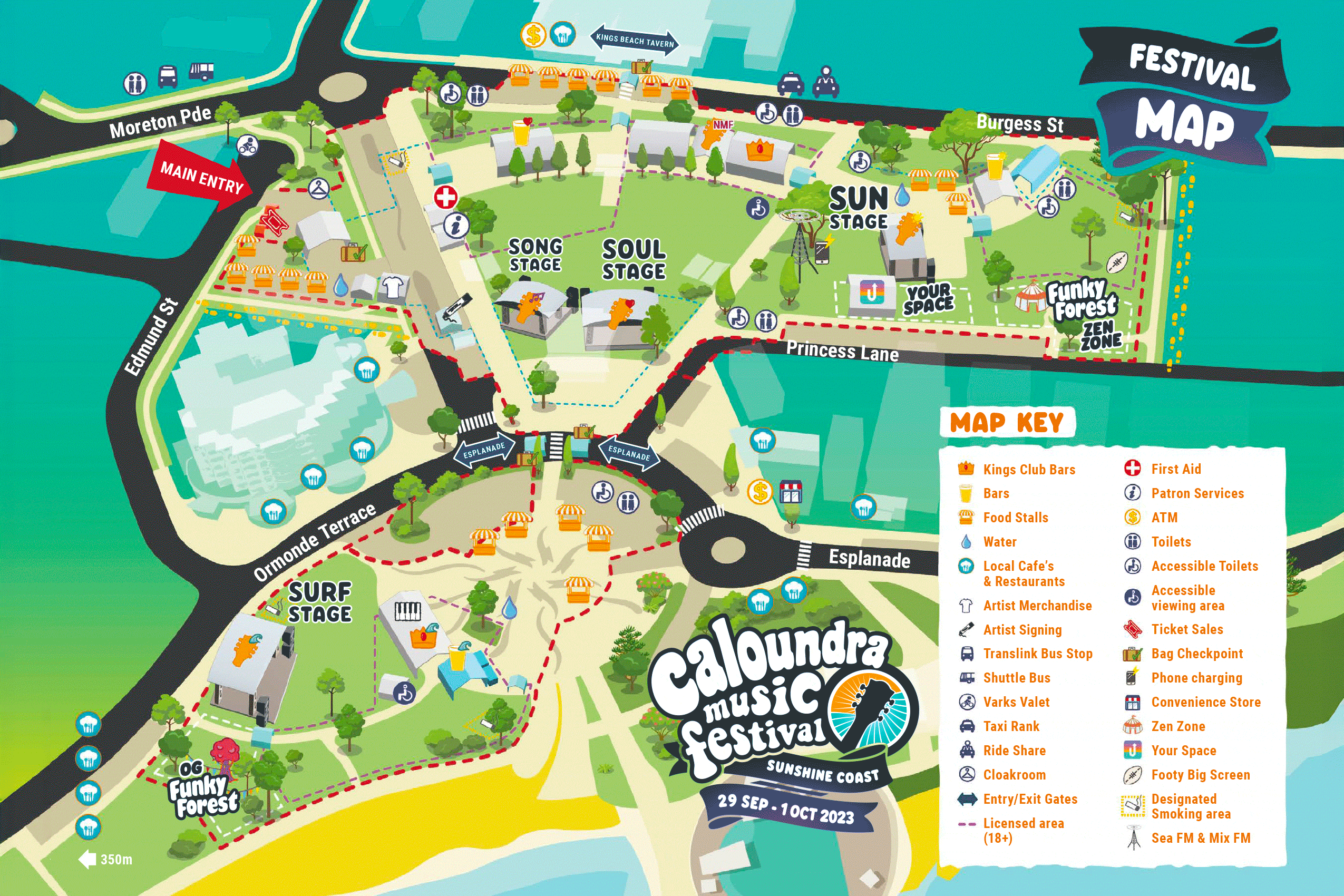 Illustrated map designs for music festival grounds