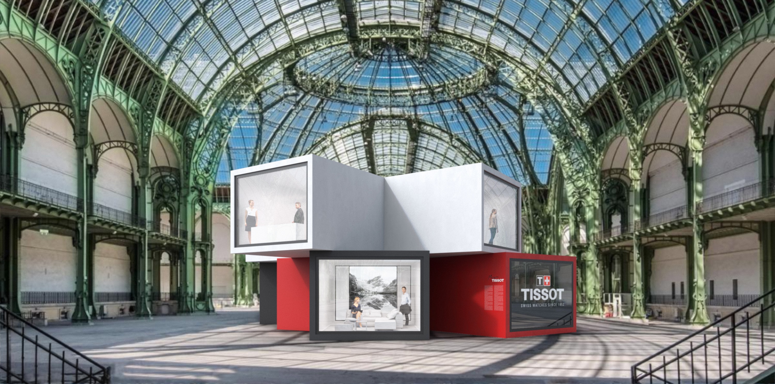 Exterior view grand palais Paris of the TISSOT watch manufacture exhibition retail concept