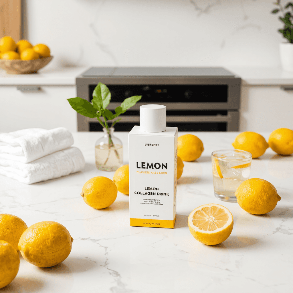 product photography of box of lemon flavored collagen drink
