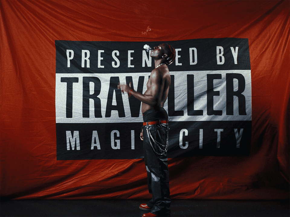 Turisti Magic City Album Finnish Rap Trap man standing next to red clloth