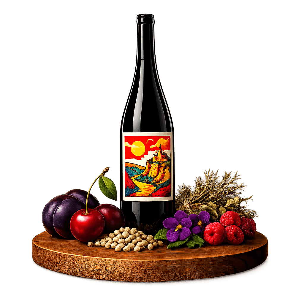 Artistic label and flavor profile for Moldovan Rara Neagra on a rustic wooden table.
