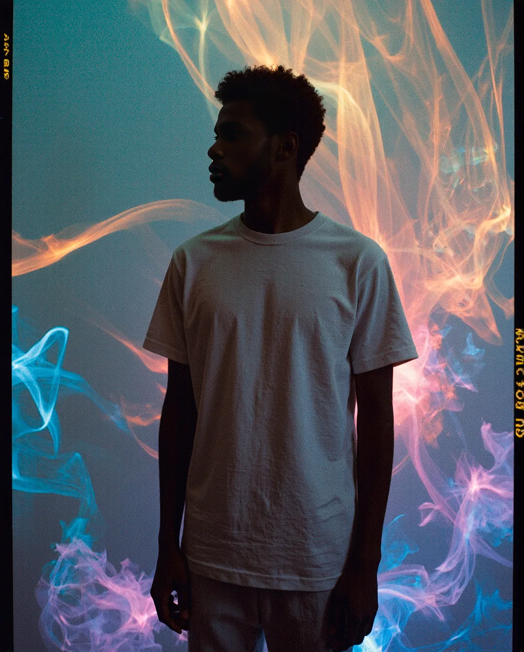 Silhouette against teal background surrounded by flowing wisps of pink and blue light creating an ethereal, dreamlike atmosphere