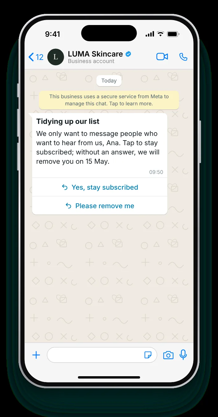 Confirming consent before the list is cleaned: WhatsApp re-engagement message on an iPhone
