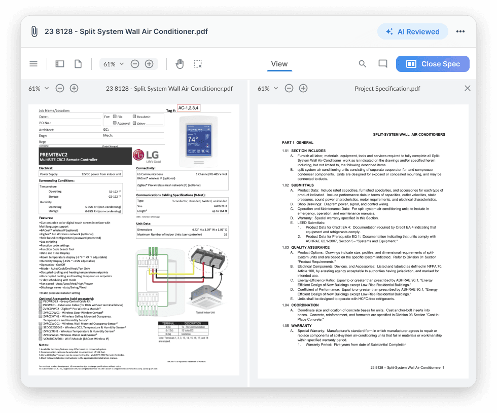 Construction submittal software showing a detailed spec sheet for an LG air conditioning unit