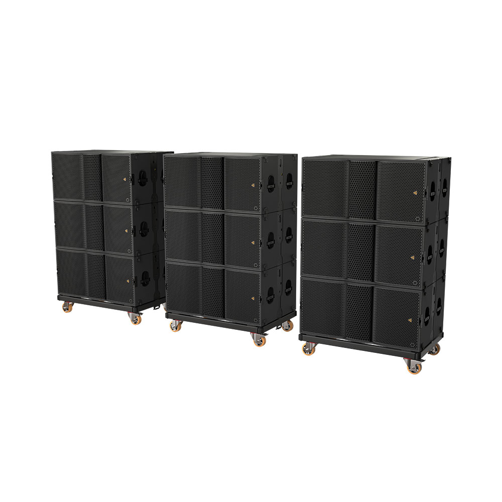 Three stacks of black modular speakers on wheels.