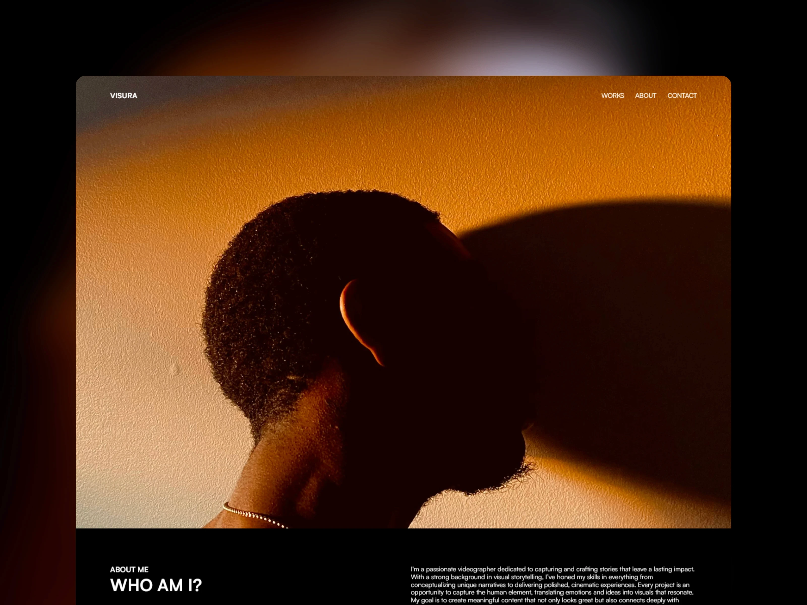 Visura videography portfolio template featuring a dramatic silhouette profile portrait.