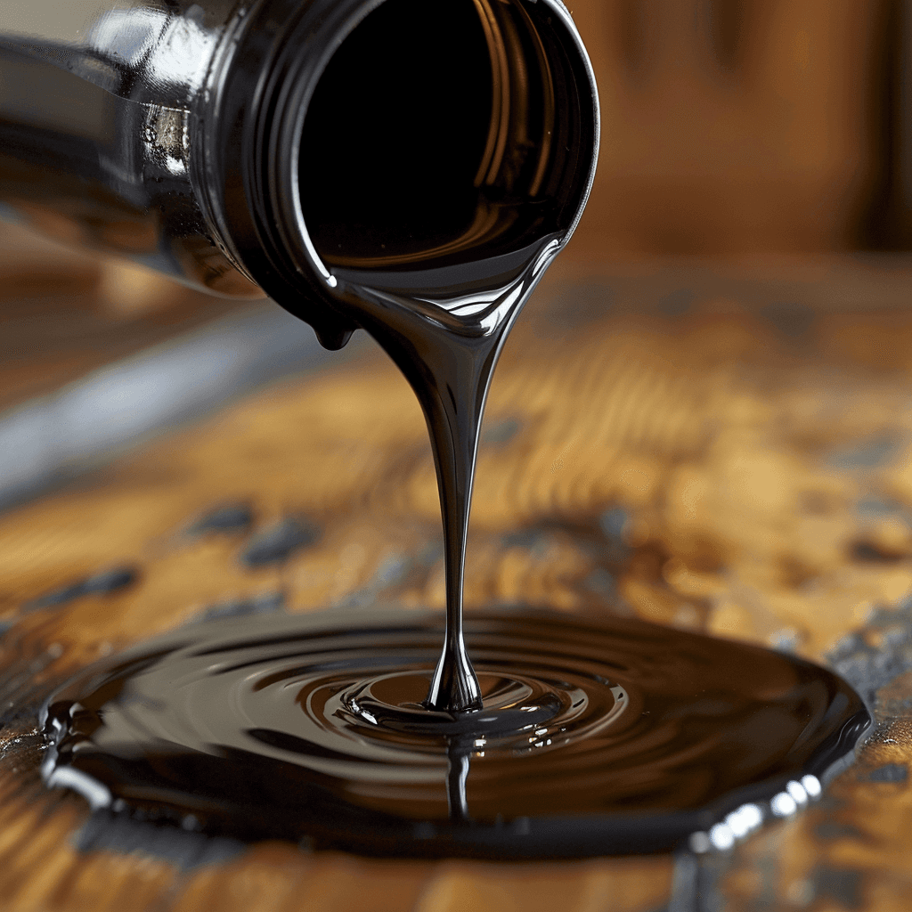 a thick black oil-like fluid pouring out of a bottle