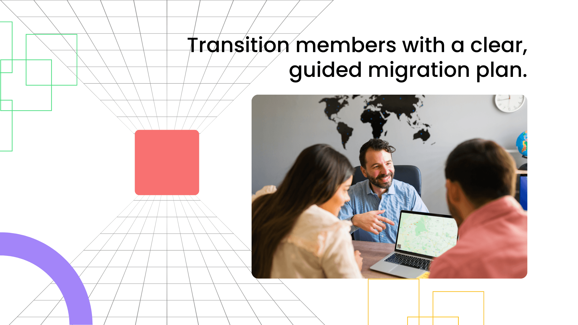 Coach guiding members around a laptop, illustrating a clear, step-by-step migration from Facebook group to a coaching community.